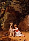 Seated Wall Art - Portrait Of A Little Boy Placing A Coral Necklace On A Dog, Both Seated In A Parkland Setting